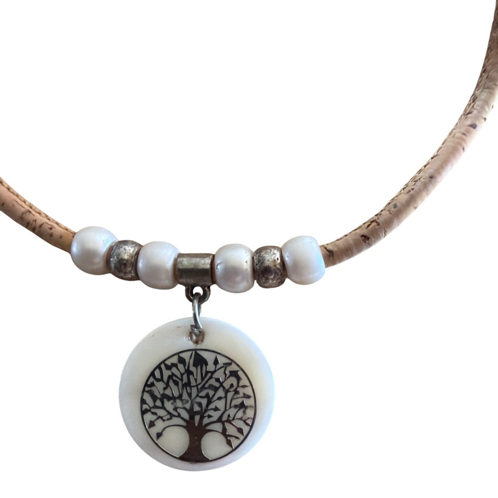 Tree of Life Cork Cord Necklace White Beads Silver Tone Pendant Boho